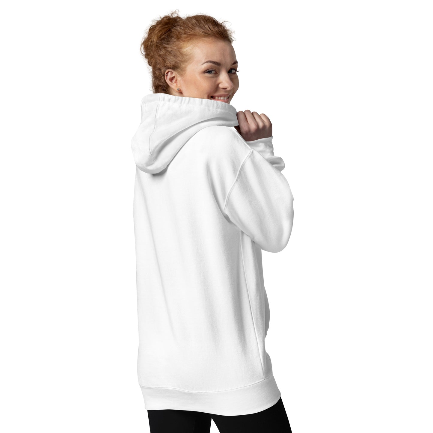 Smiling woman wearing a white unisex premium pullover hoodie, back view, holding the hood
