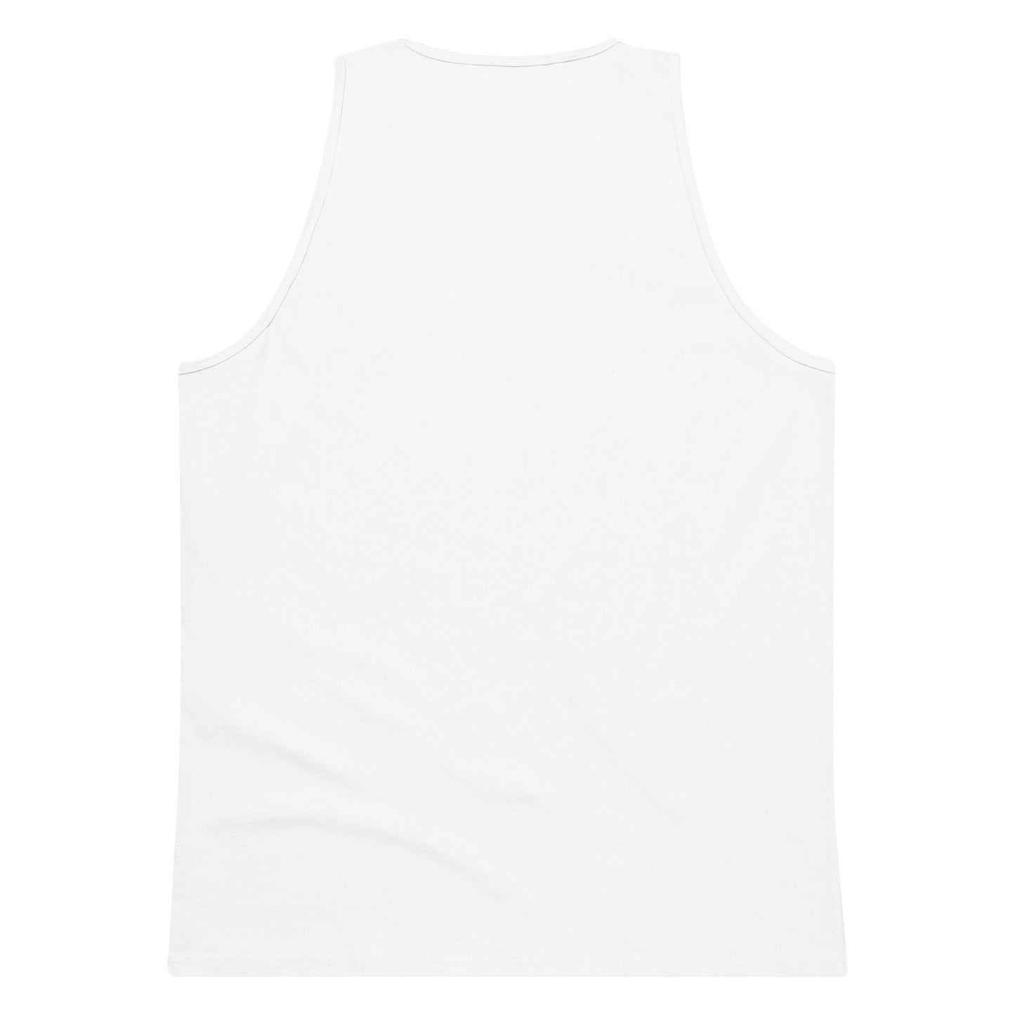 Back view of plain white men's premium tank top on white background
