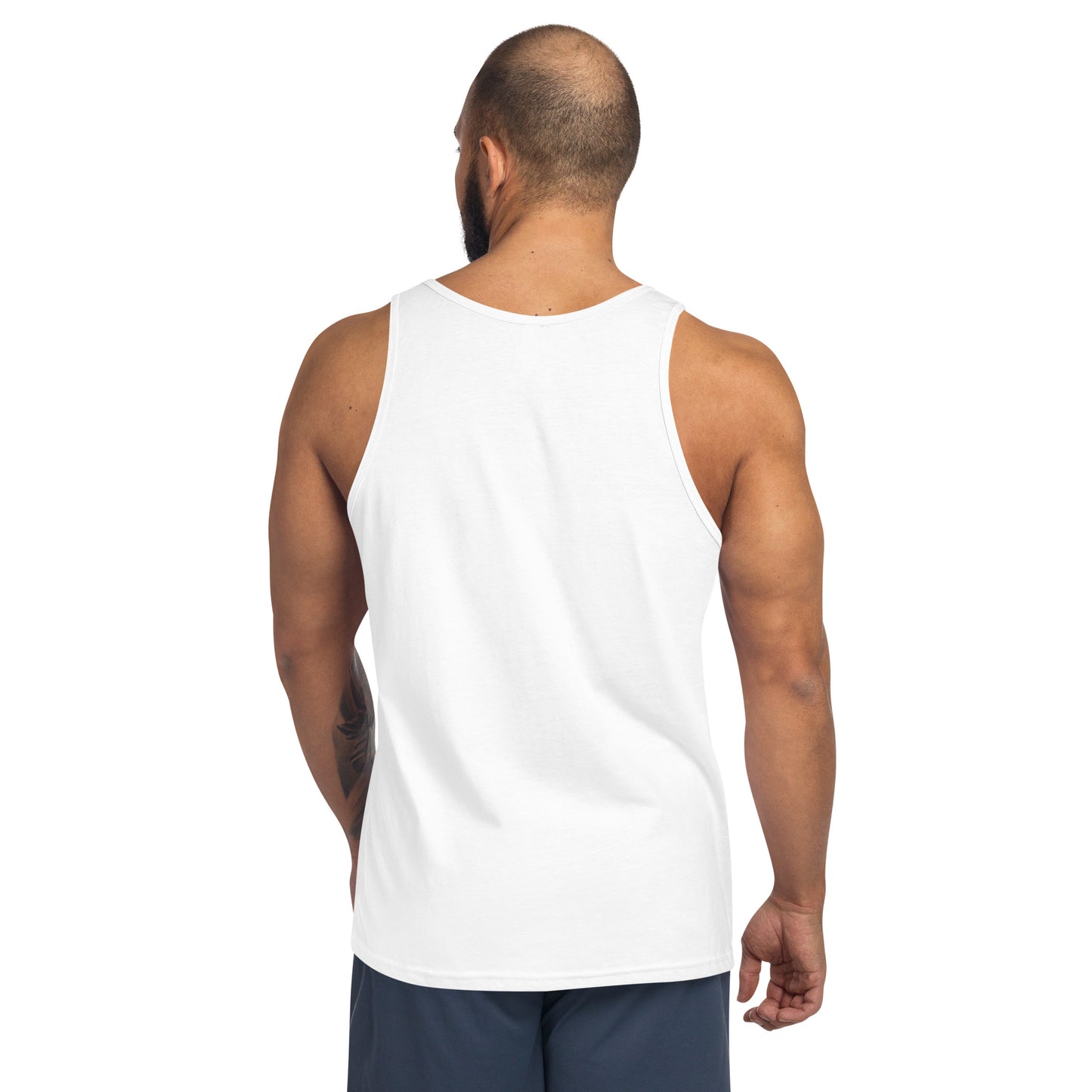 Rear view of man wearing plain white sleeveless tank top and navy shorts on white background