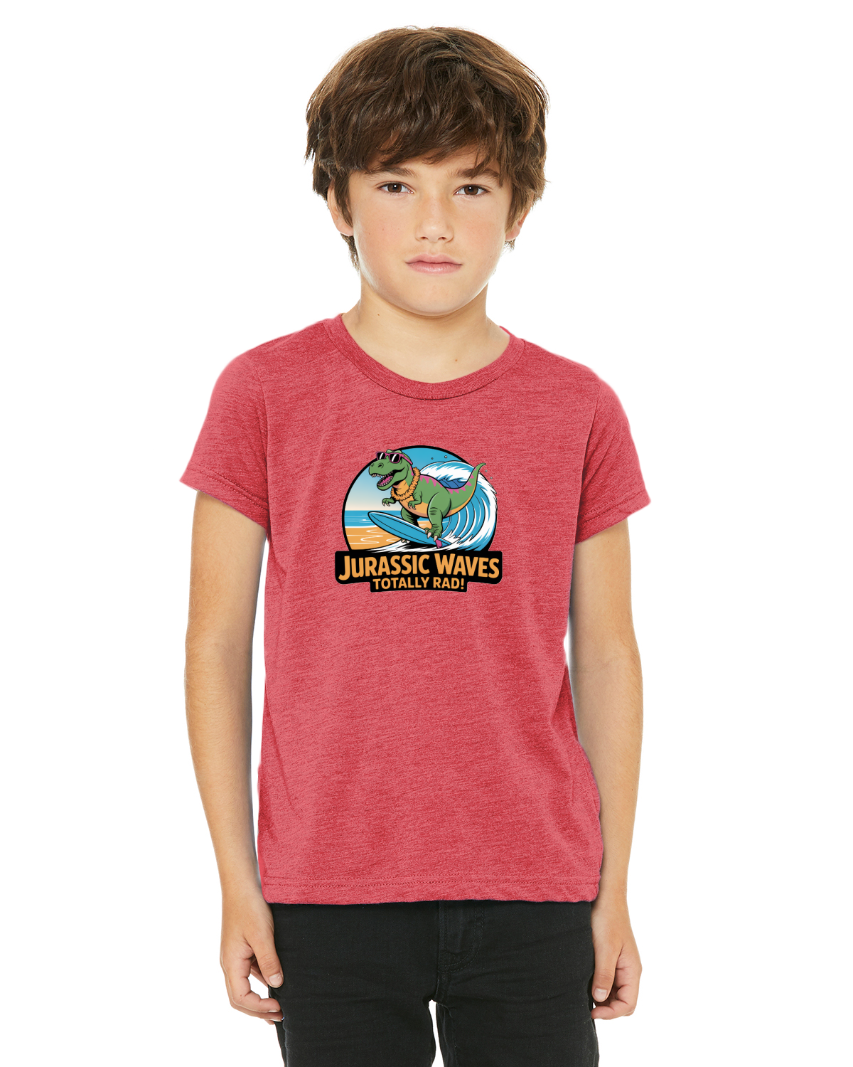 Boy wearing red triblend t-shirt with Jurassic Waves surfing dinosaur graphic on front