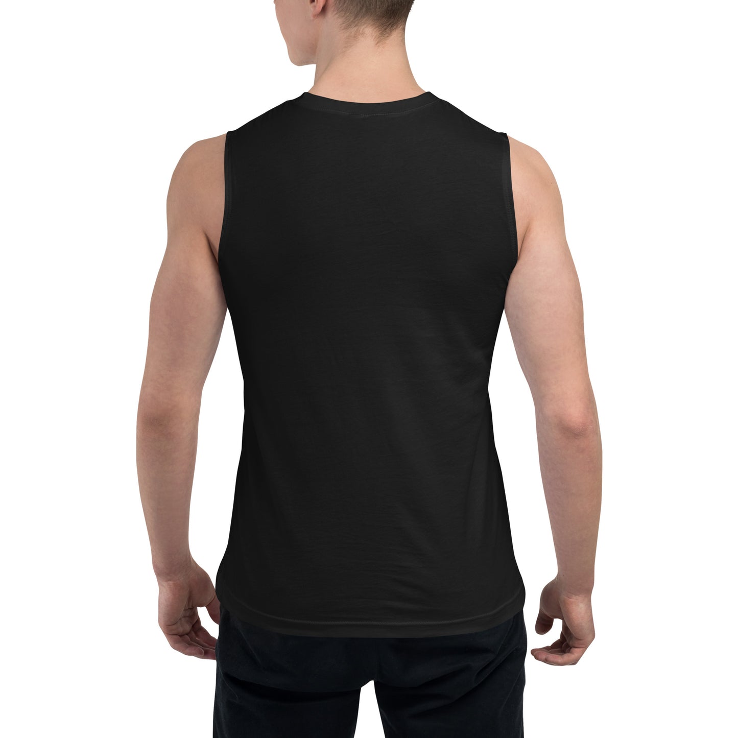 Back view of a man wearing a black unisex muscle shirt and dark pants on white background
