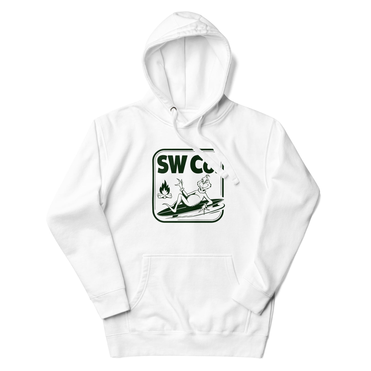 White unisex premium hoodie with black graphic of relaxed cartoon character on surfboard and campfire design