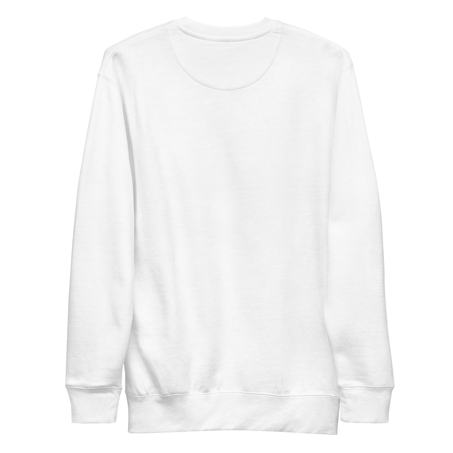 Back view of plain white unisex premium sweatshirt with long sleeves and ribbed cuffs