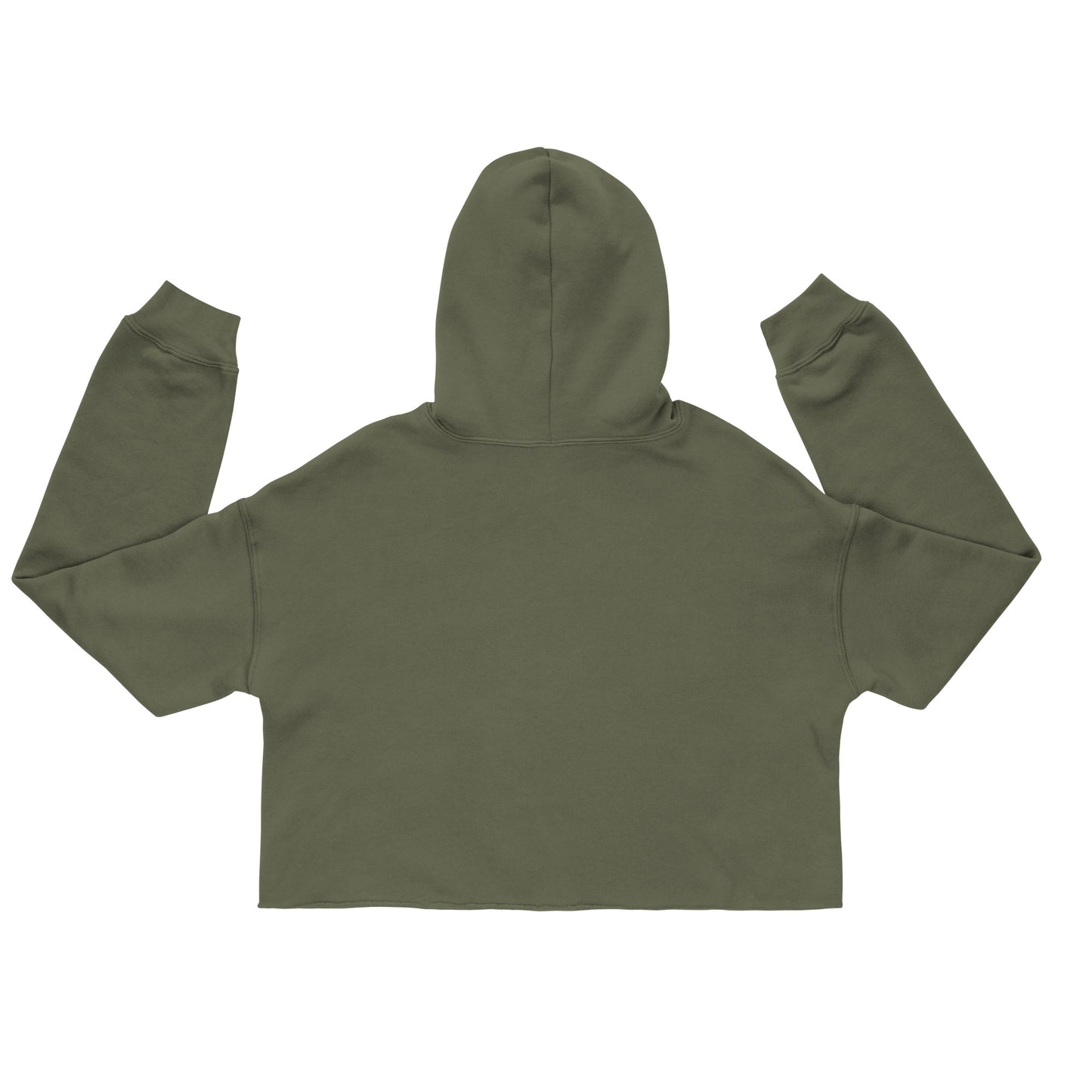 Back view of women's cropped military green hoodie with long sleeves and hood