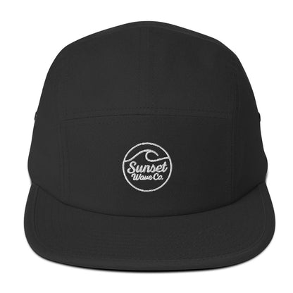 Black 5-panel cap with white embroidered Sunset Wave Co. logo on front