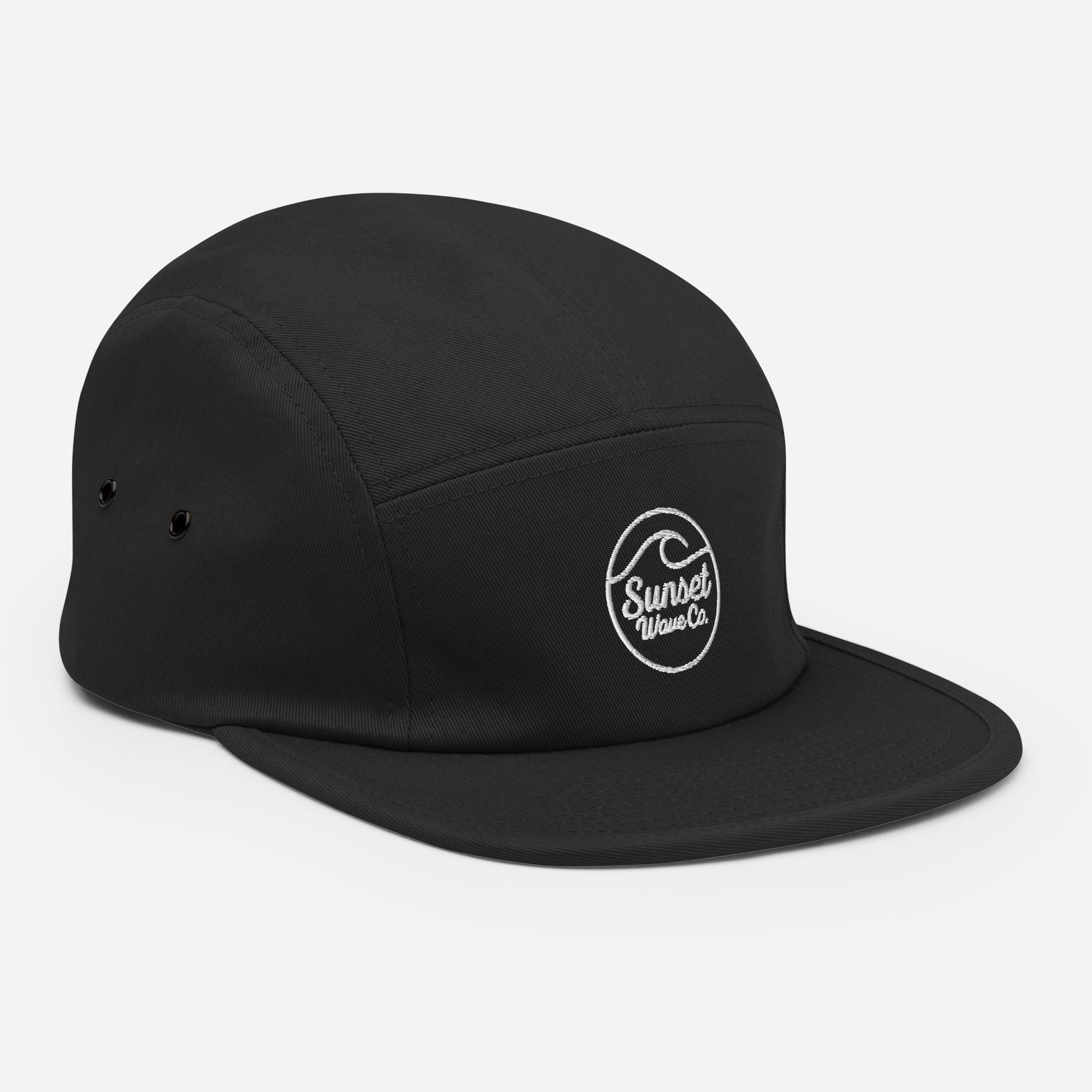 black 5-panel cap with Sunset Wave Co. white embroidered logo on front