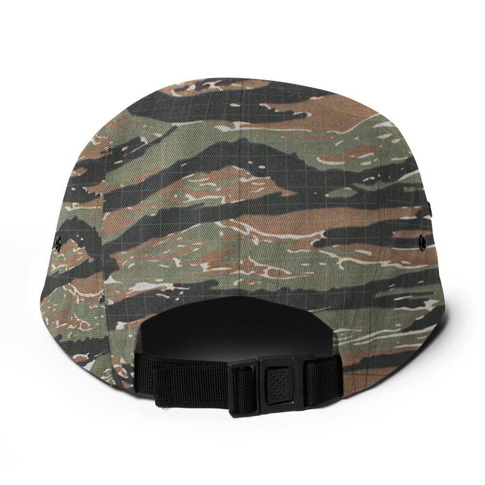 Back view of 5-panel cap with green tiger camo pattern and adjustable black strap