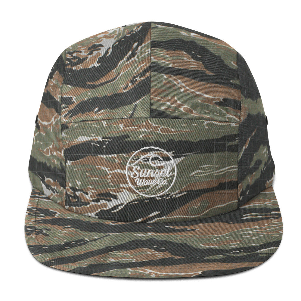 Green tiger camo 5-panel cap with white Sunset Wave Co logo on front