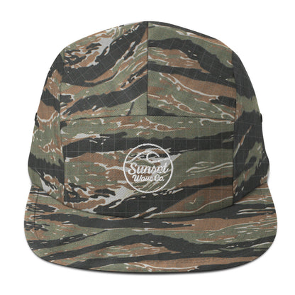 Green tiger camo 5-panel cap with white Sunset Wave Co logo on front
