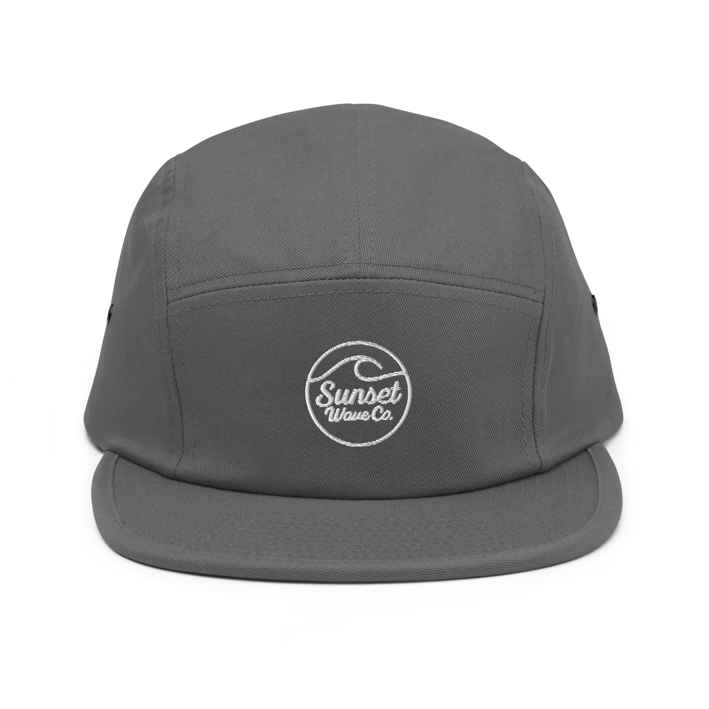 Grey 5-panel cap with white Sunset Wave Co. embroidered logo on front