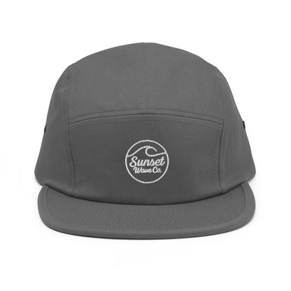 Grey 5-panel cap with white Sunset Wave Co. embroidered logo on front