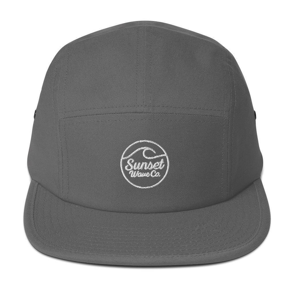 Grey 5-panel cap with white embroidered Sunset Wave Co. logo on front