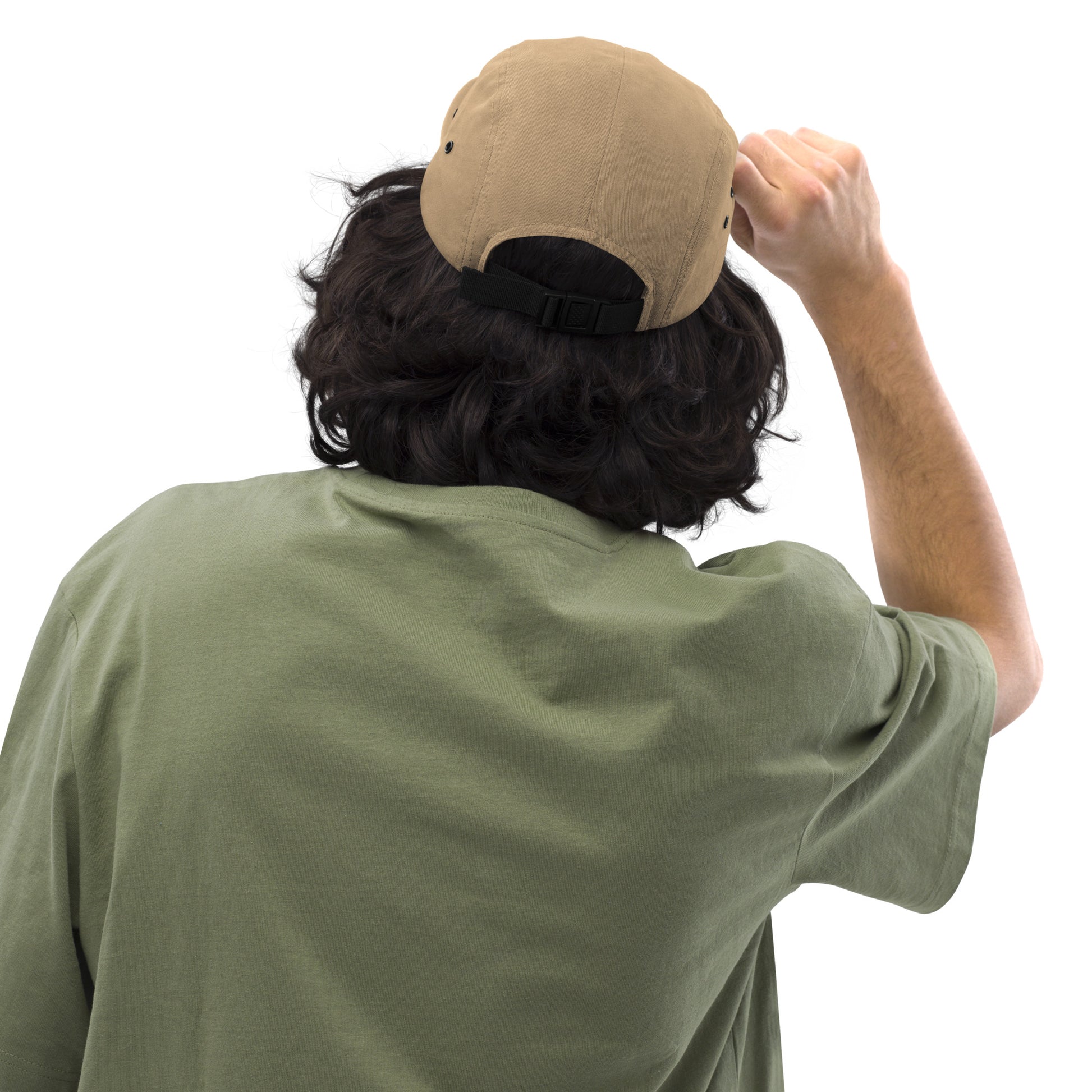 Back view of person wearing khaki 5-panel cap and olive green t-shirt against white background