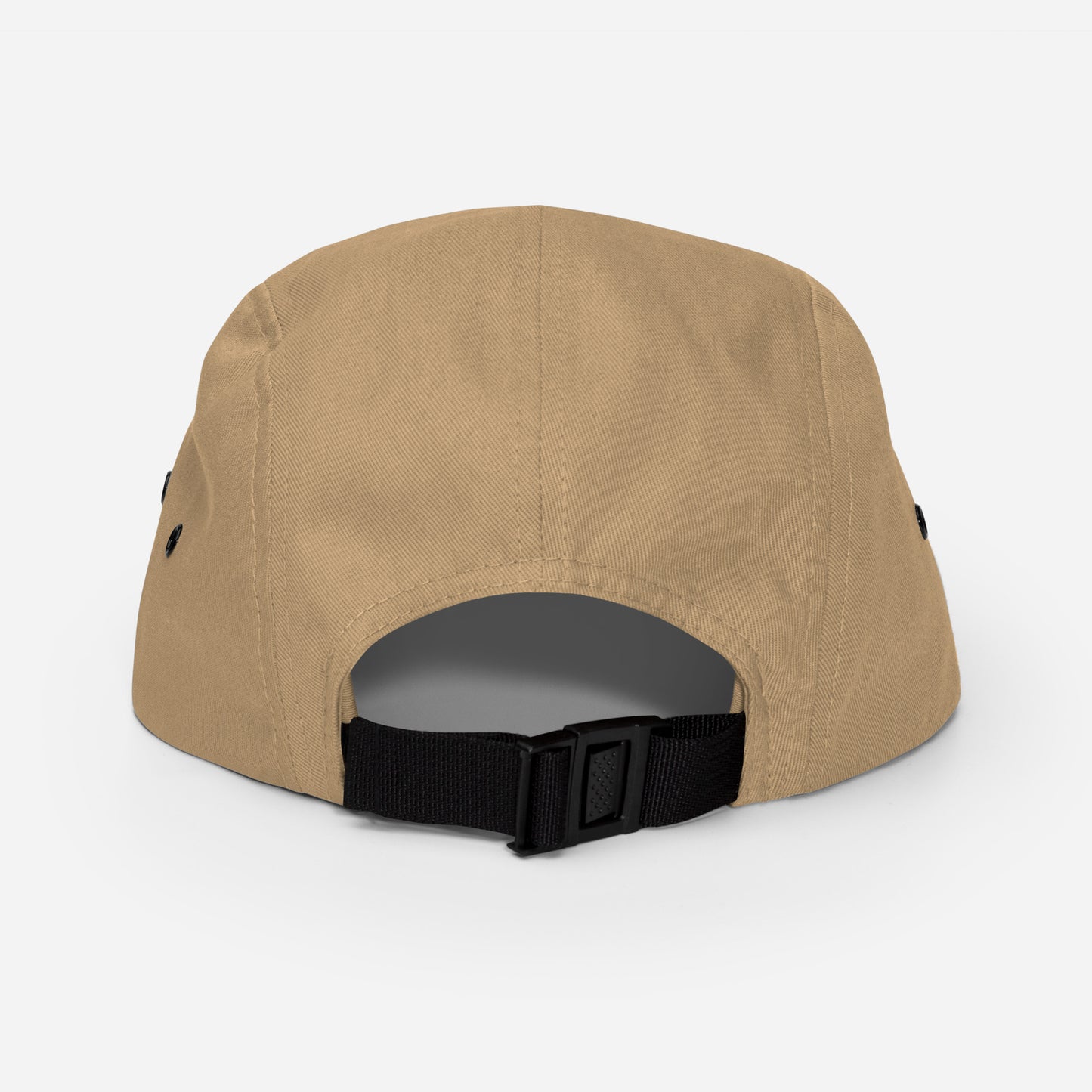 Back view of khaki 5-panel cap with black adjustable strap and plastic buckle on white background