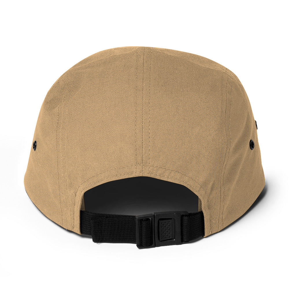 back view of khaki 5-panel cap with black adjustable strap and ventilation eyelets