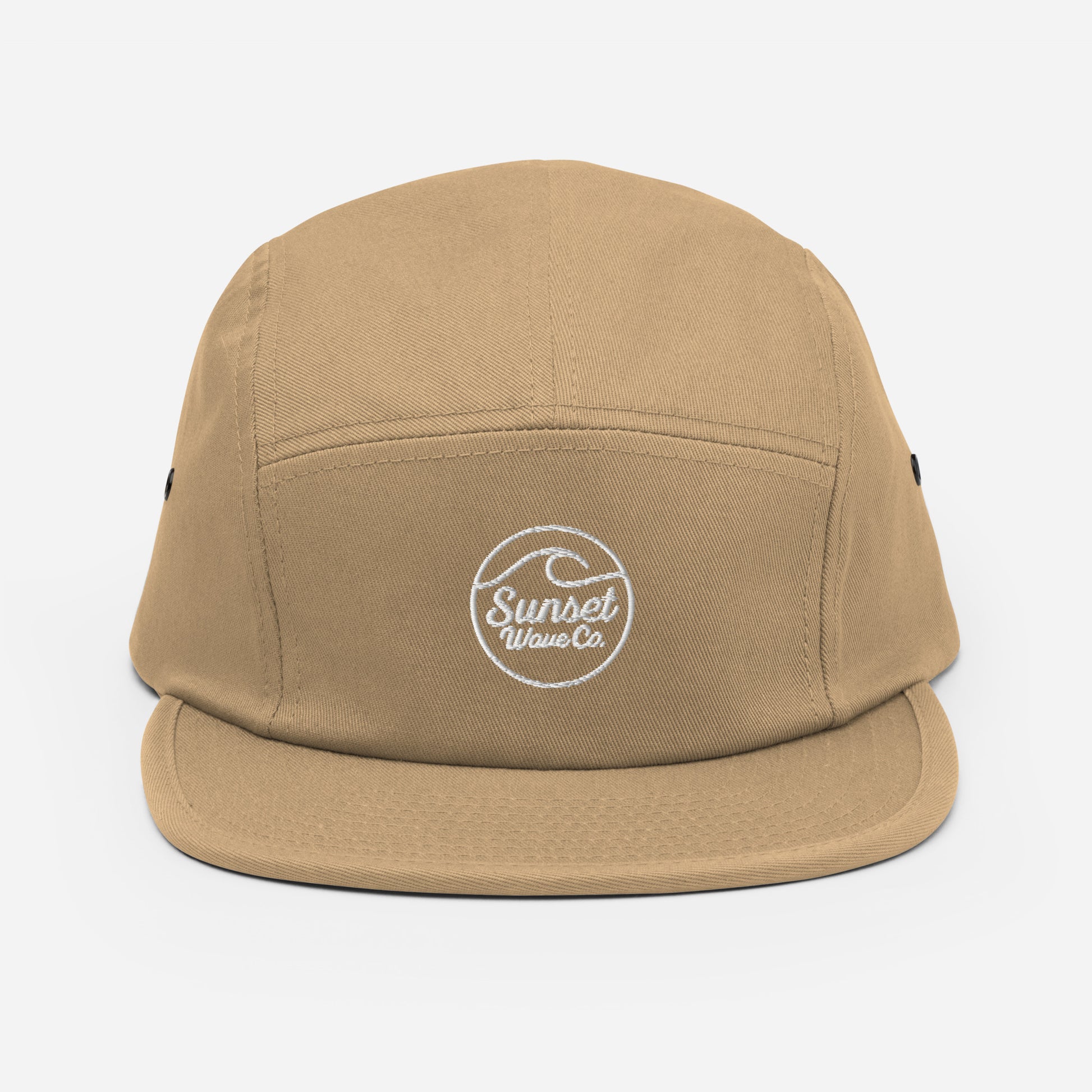Khaki 5-panel cap with white embroidered Sunset Wave Co logo on front