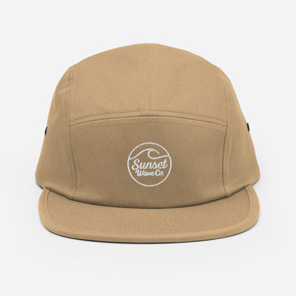Khaki 5-panel cap with white embroidered Sunset Wave Co logo on front