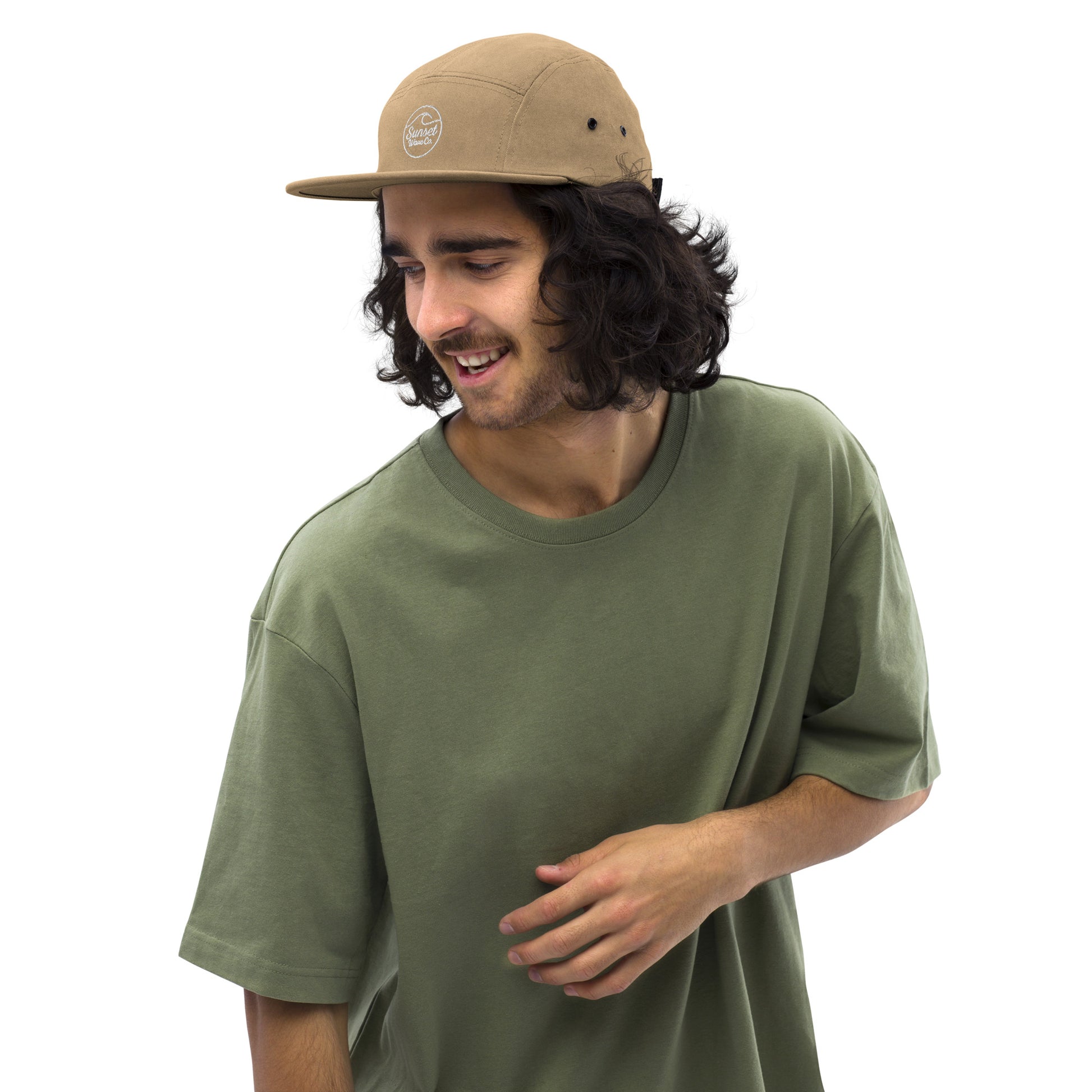 Young man wearing khaki 5-panel cap and olive green t-shirt on white background