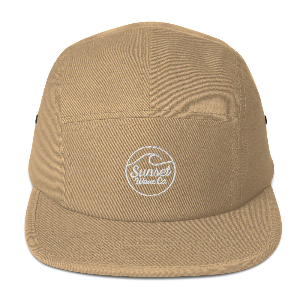 Khaki five-panel cap with white embroidered Sunset Wave Co logo on front