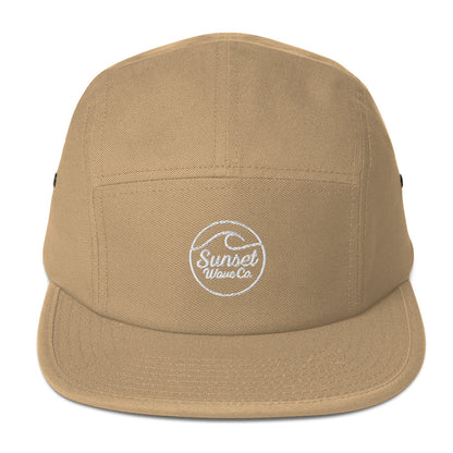 Khaki five-panel cap with white embroidered Sunset Wave Co logo on front