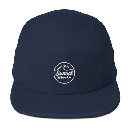Navy blue 5-panel cap with white embroidered Sunset Wave Co. logo on front