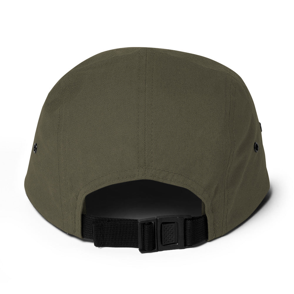 Back view of olive green 5-panel cap with black adjustable buckle strap on white background