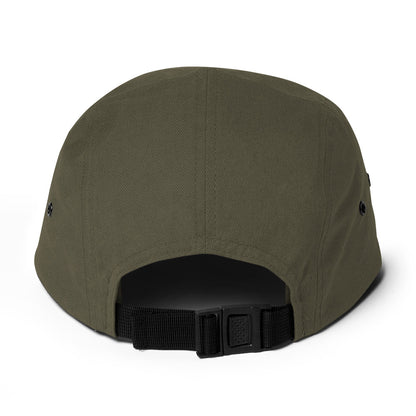 Back view of olive green 5-panel cap with black adjustable buckle strap on white background