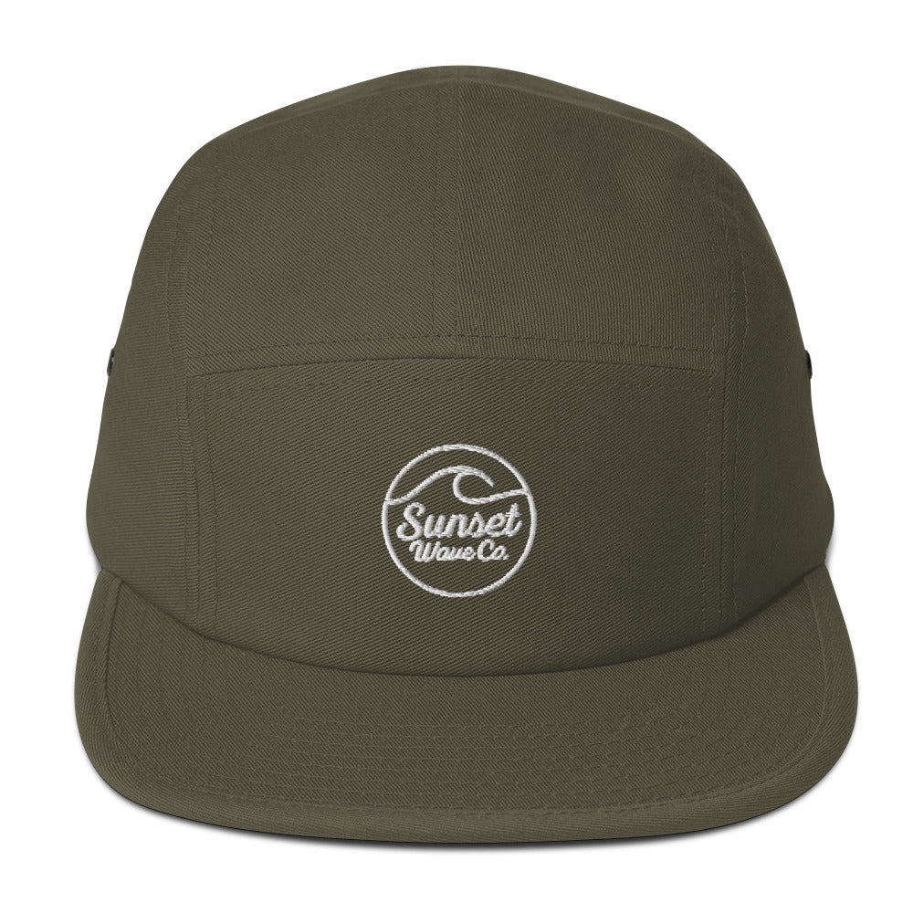 Olive green 5-panel cap with white embroidered Sunset Wave Co logo on front