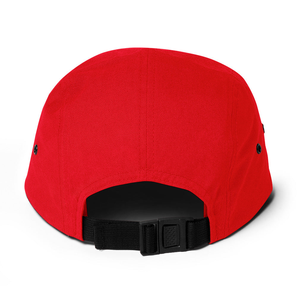 Back view of a red 5-panel cap with black adjustable strap and metal eyelets