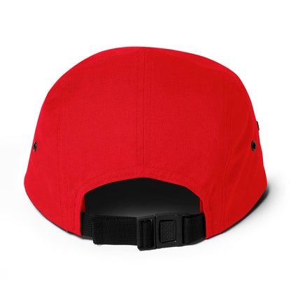 Back view of a red 5-panel cap with black adjustable strap and metal eyelets