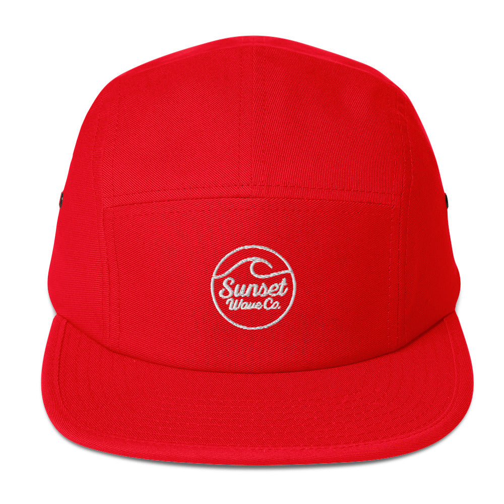 Red 5-panel cap with white embroidered Sunset Wave Co. logo and wave design on front