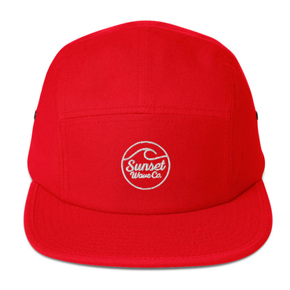Red 5-panel cap with white embroidered Sunset Wave Co. logo and wave design on front