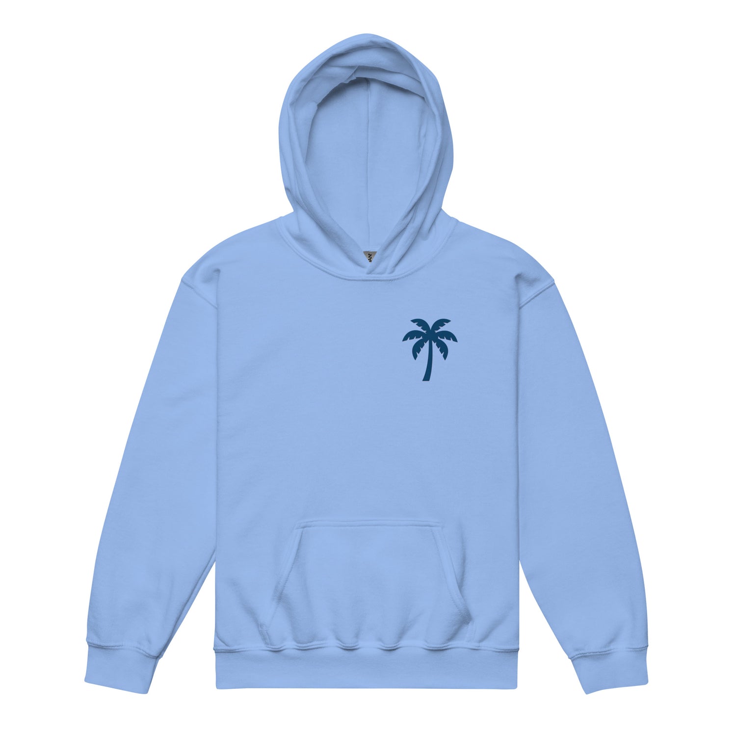 Girls light blue hoodie with small dark blue palm tree print on chest and front pocket