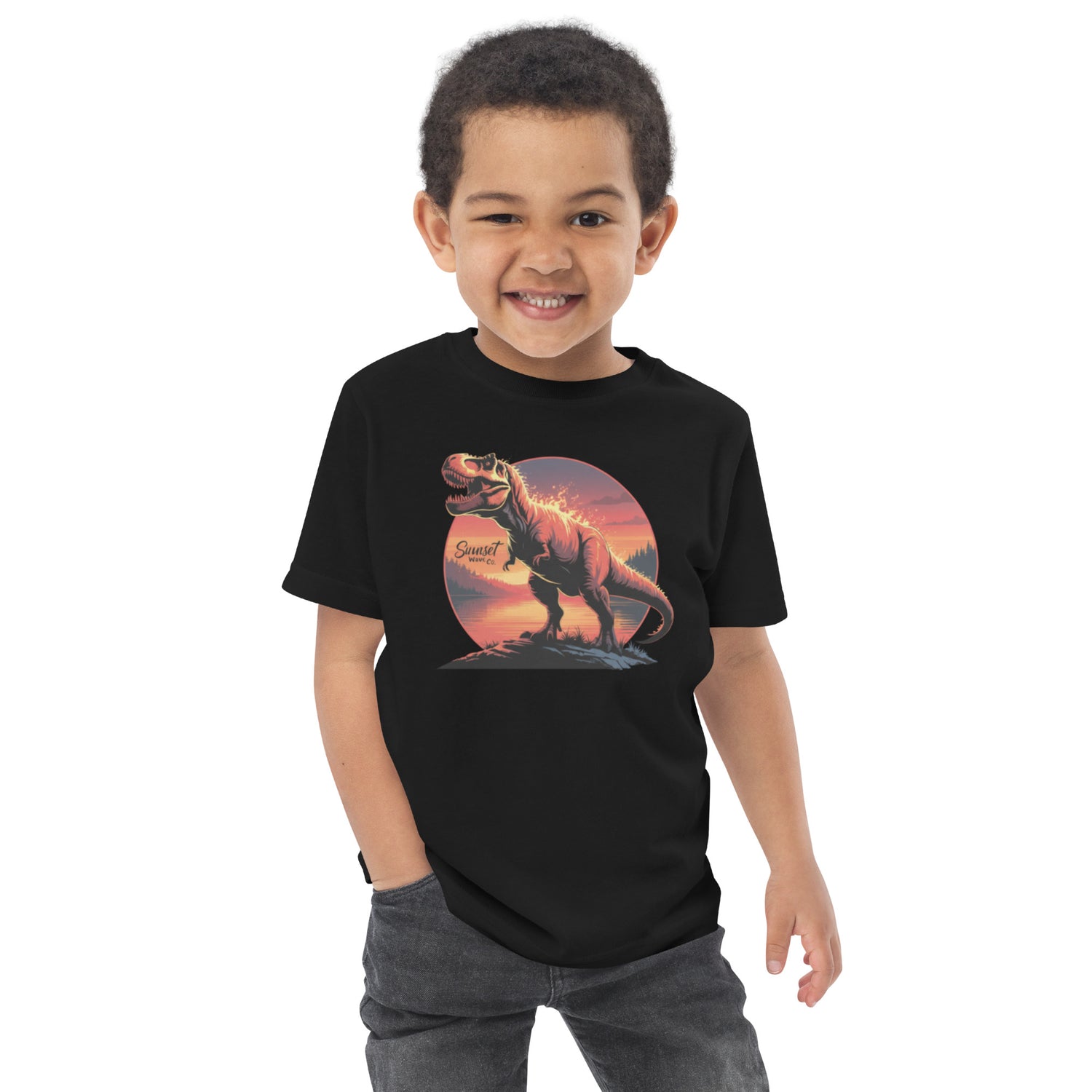 Kids black flaming T-Rex sunset graphic t-shirt by SunsetWaveCo