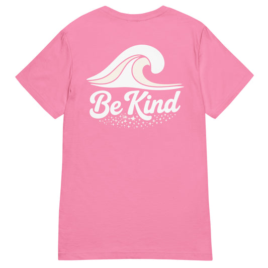 Women's pink t-shirt with white wave graphic and 'Be Kind' text design on back