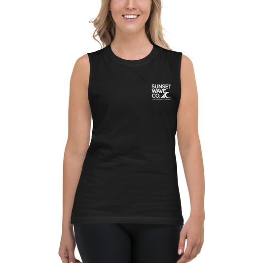Woman wearing black sleeveless tank top with white Sunset Wave Co. logo on chest