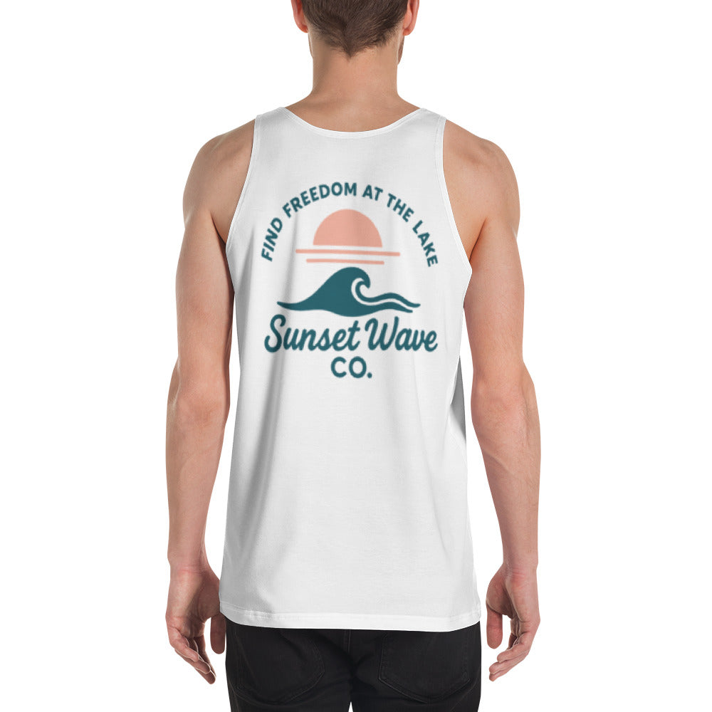 Back view of man wearing white tank top with Sunset Wave Co. lake-themed graphic and text