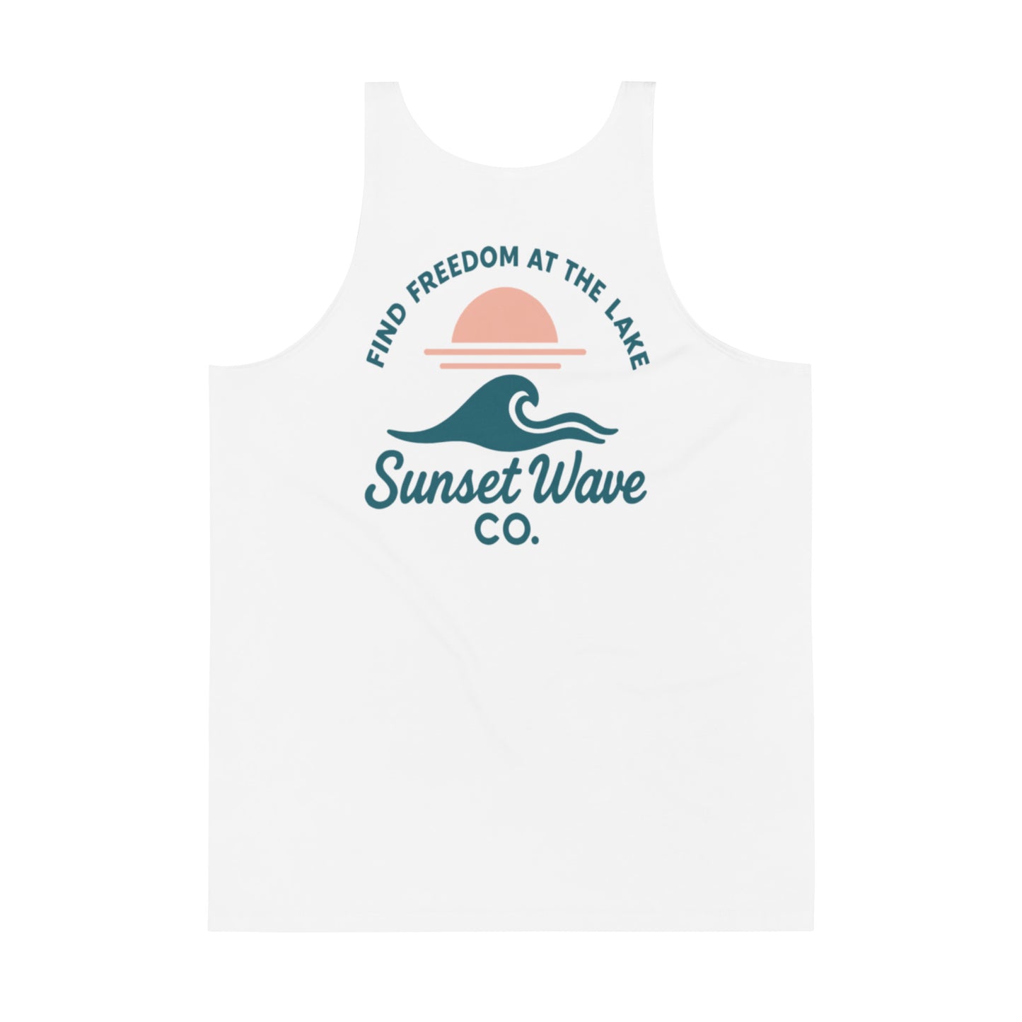 White men's tank top with sunset wave graphic and text Find Freedom at the Lake, Sunset Wave Co.