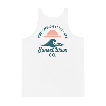 White men's tank top with sunset wave graphic and text Find Freedom at the Lake, Sunset Wave Co.