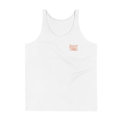 White men's sleeveless tank top with small peach Sunset Wave Co. logo and palm tree graphic