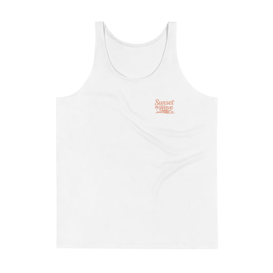 White men's sleeveless tank top with small peach Sunset Wave Co. logo and palm tree graphic