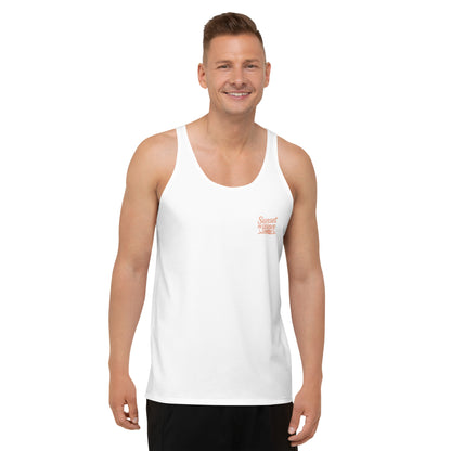 Smiling man wearing a white tank top with small orange Sunset Wave Co. logo on chest