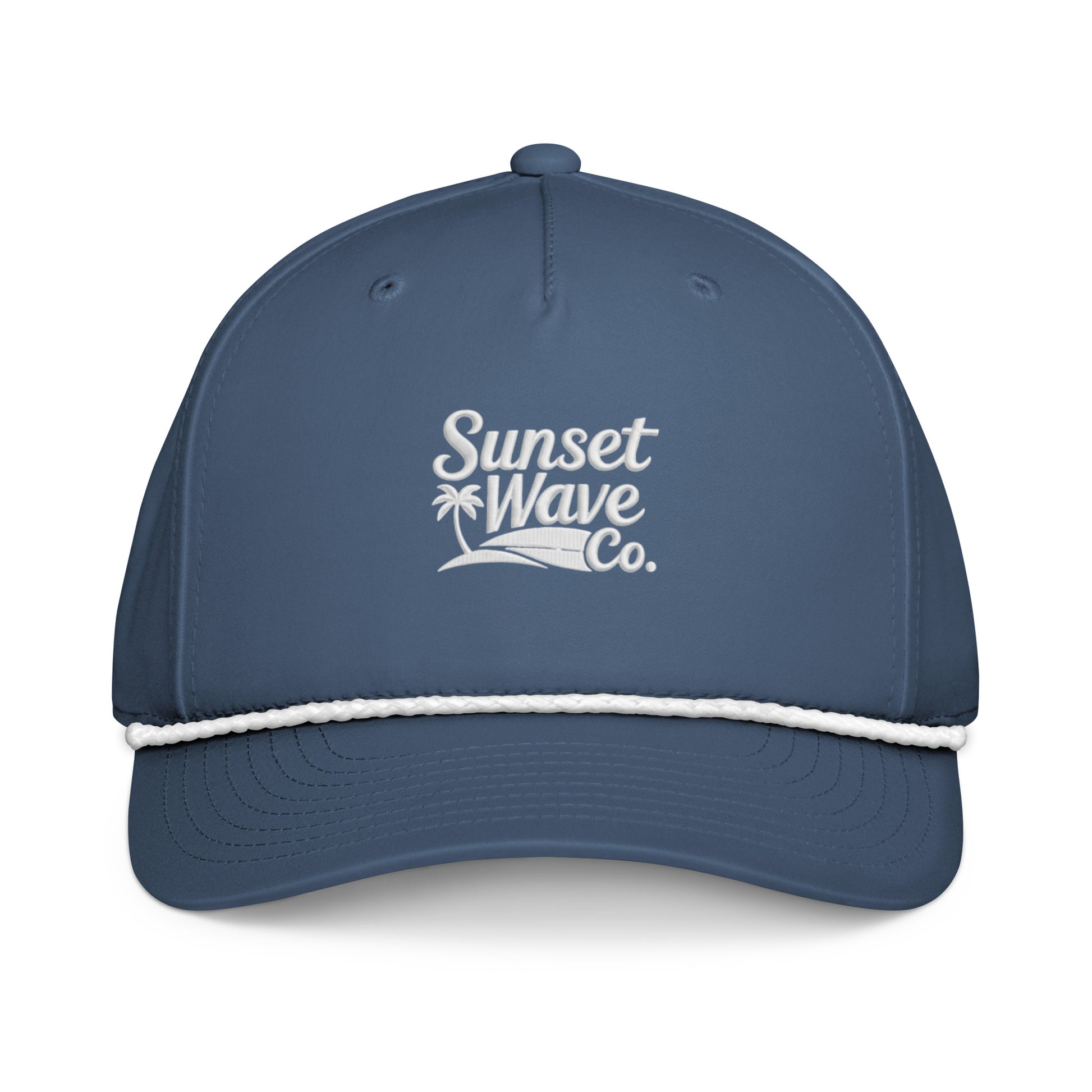 Classic navy blue rope cap with white Sunset Wave Co. logo and white braided rope detail