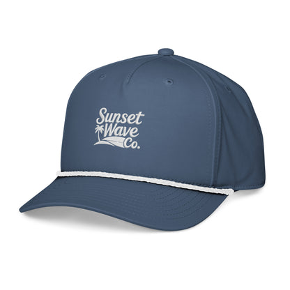 Light blue classic rope cap with white Sunset Wave Co. logo and white rope detail