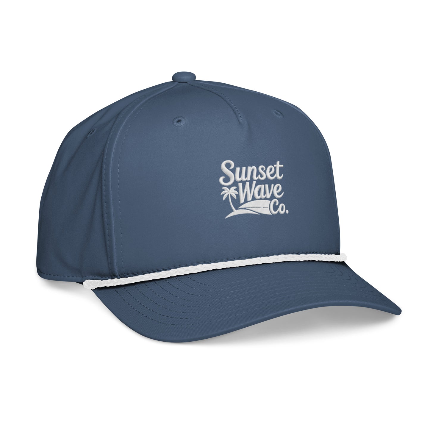 Navy blue classic rope cap with curved bill featuring white Sunset Wave Co. logo and rope detail