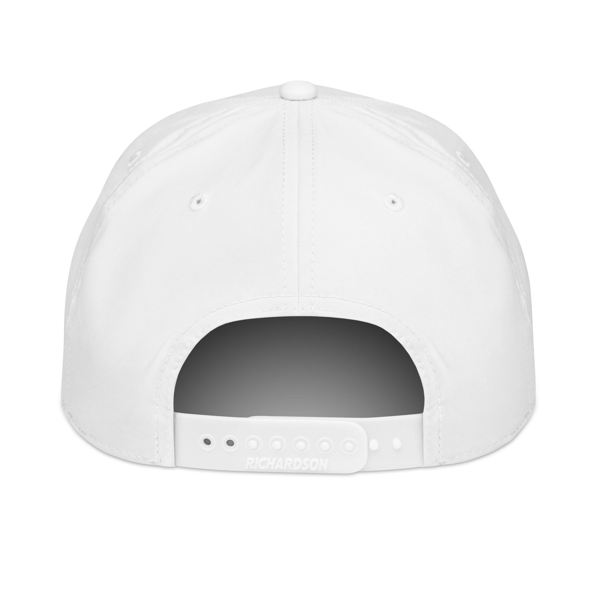 Back view of white Richardson snapback cap with adjustable strap and ventilation eyelets