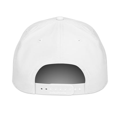 Back view of white Richardson snapback cap with adjustable strap and ventilation eyelets