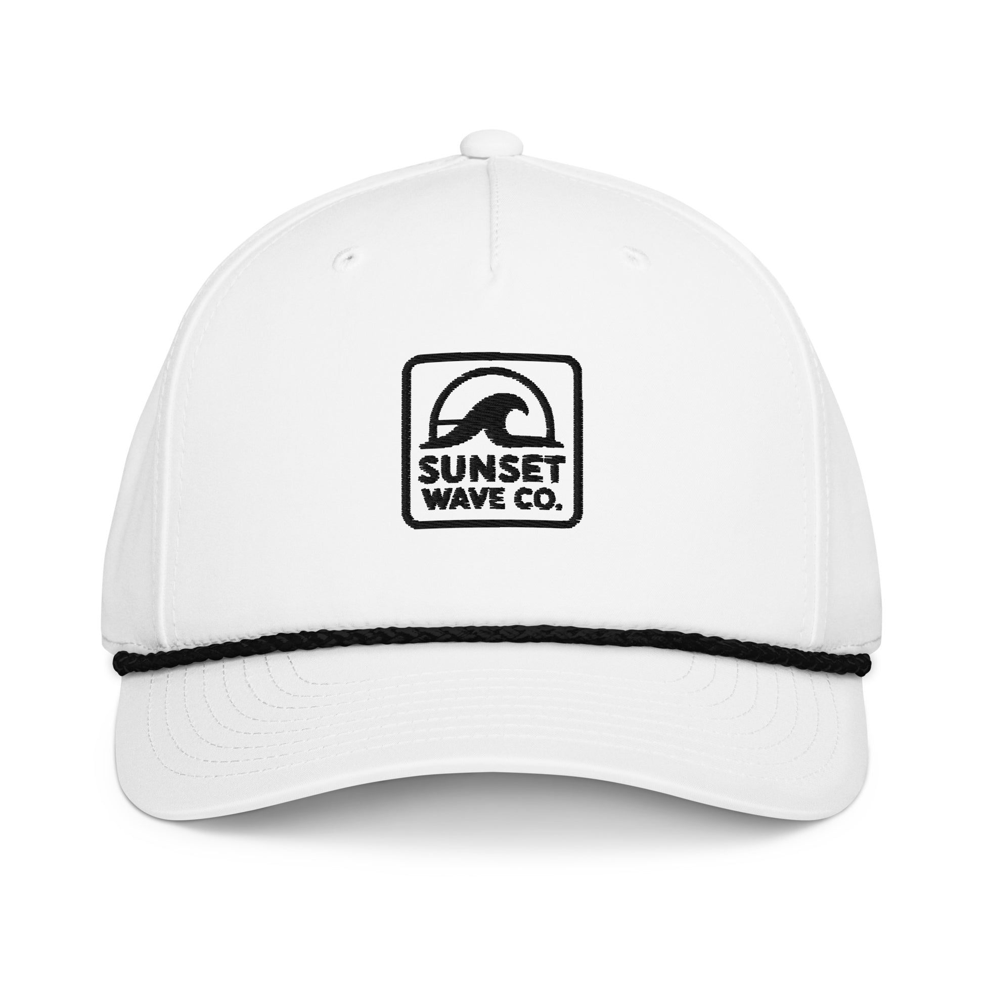 White classic rope cap with black wave logo and Sunset Wave Co. text on front