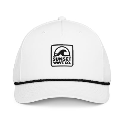 White classic rope cap with black wave logo and Sunset Wave Co. text on front