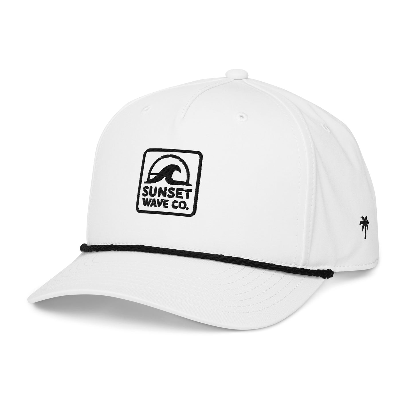White classic rope cap with black embroidered Sunset Wave Co. logo and small black palm tree embroidery